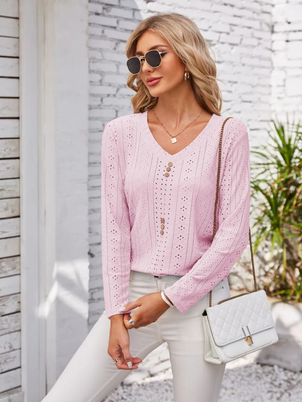 Decorative Button Openwork V-neck T-shirt (8)