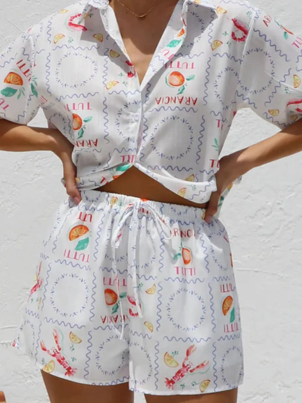 Printed Button Down Short Sleeve Top Shorts Set (4)
