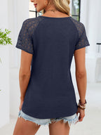 Lace Sleeve V-neck Waffle Knit T-shirt (21)