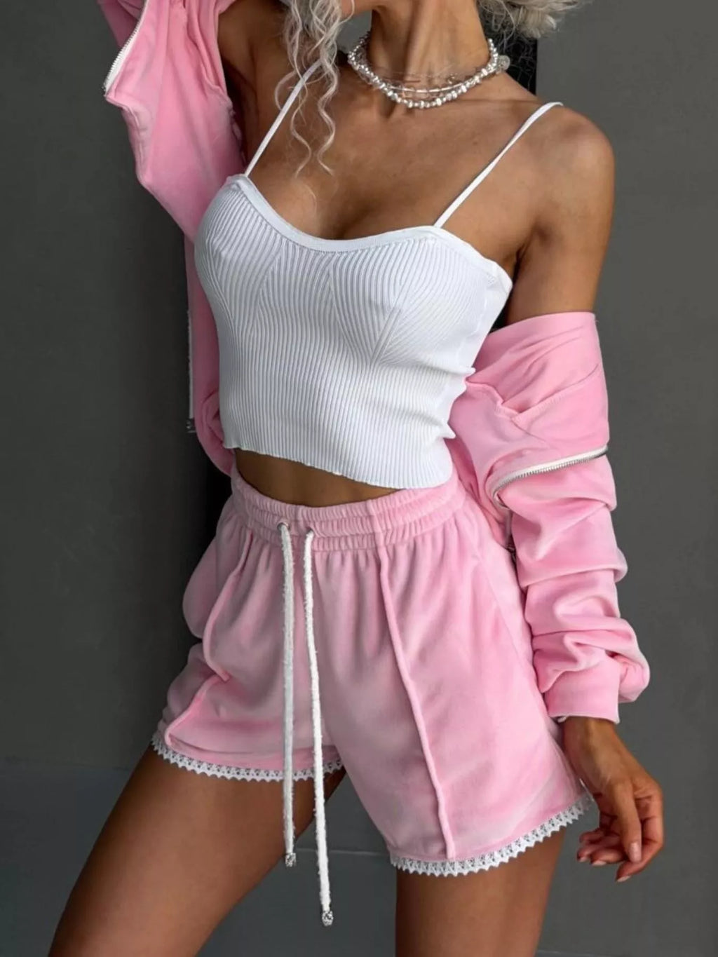 Zip Up Hooded Outerwear Shorts Set (16)