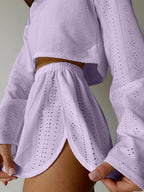 Eyelet Round Neck Top Shorts Set (12)