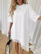 Lace Trim Asymmetrical Hem T-shirt Dress (2)
