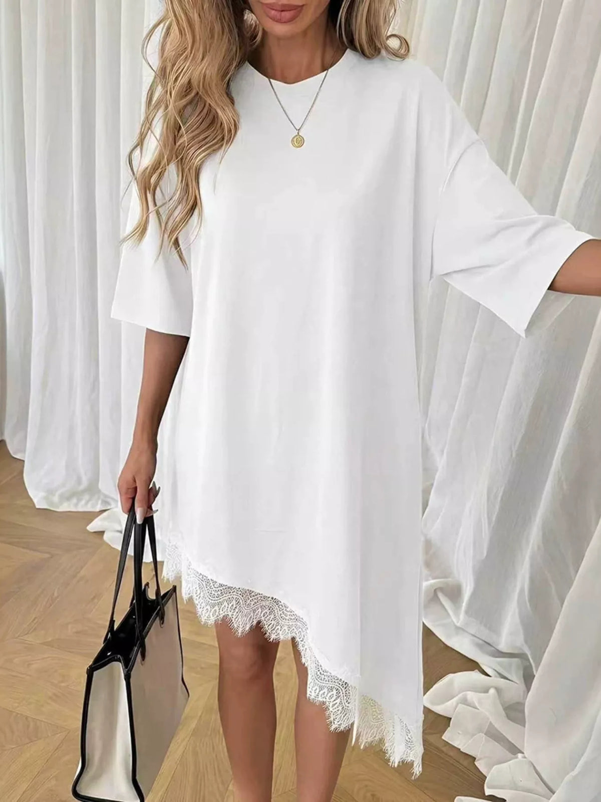Lace Trim Asymmetrical Hem T-shirt Dress (2)