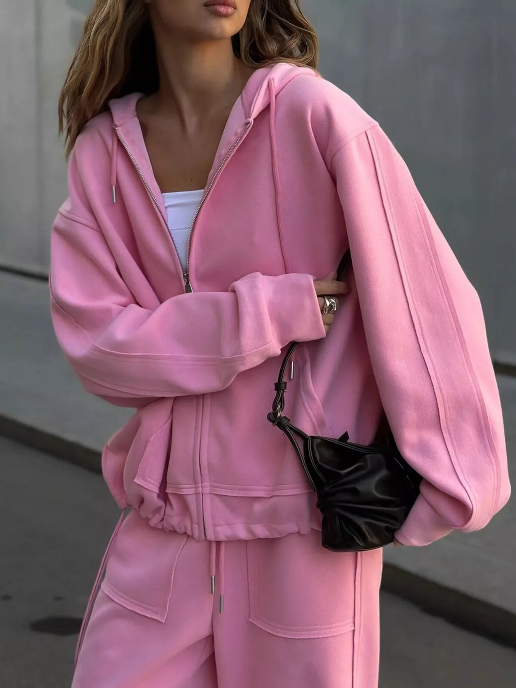 Oversized Zip-up Hoodie Wide-leg Pants Set (17)