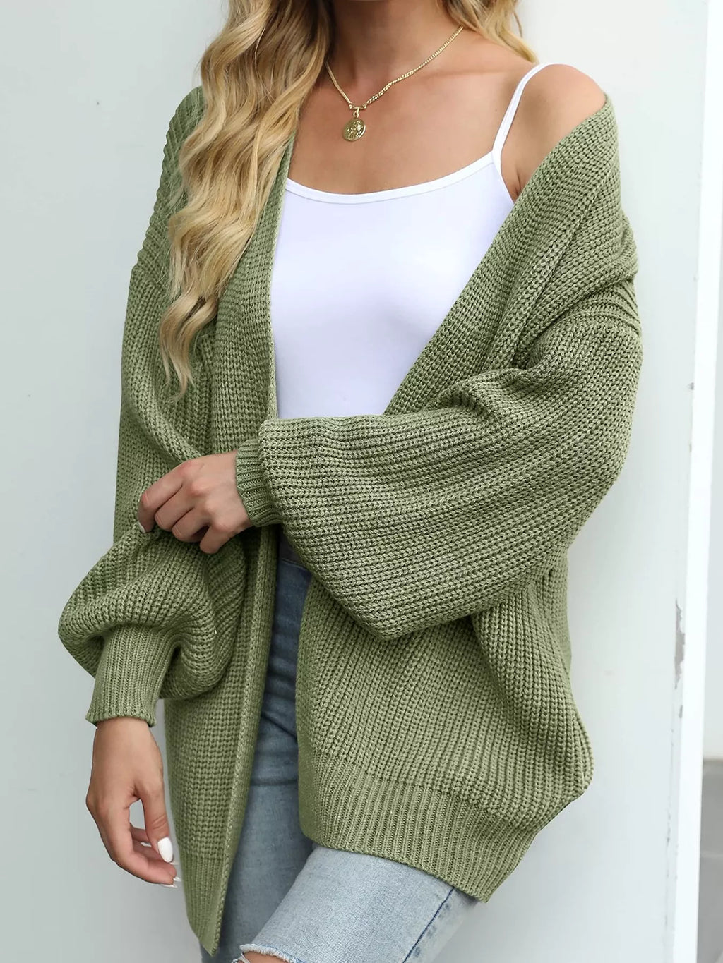 Chunky Knit Open Front Cardigan Lantern Sleeves (5)