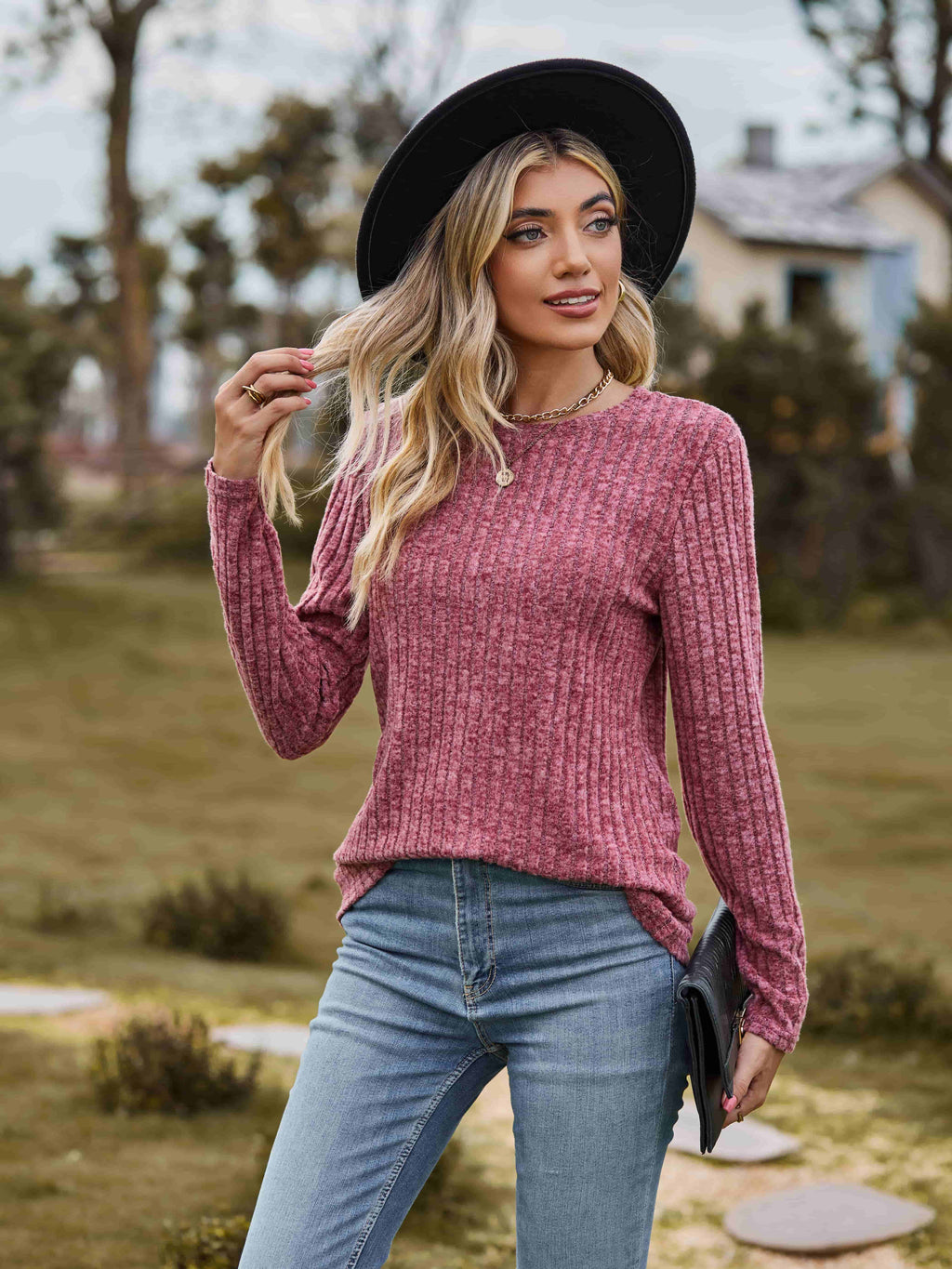 Ribbed Round Neck Long Sleeve Tee (4)
