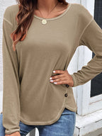 Casual Long Sleeve Exposed Seam T-shirt Decor Button (12)
