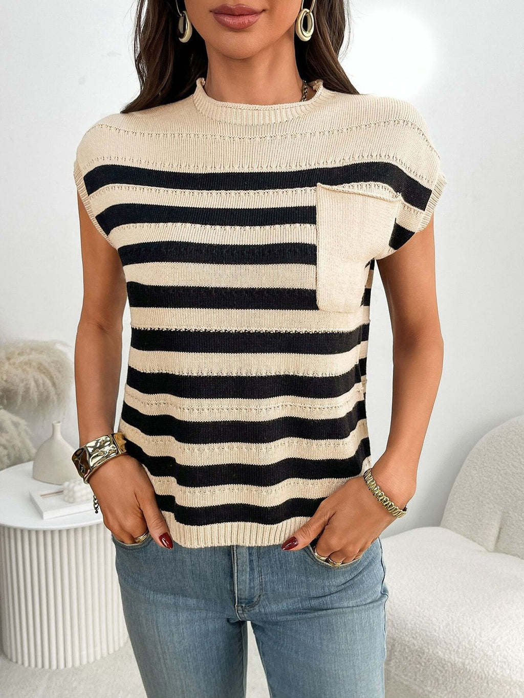 Striped Knit Pocket Detail Cap Sleeve Sweater (2)