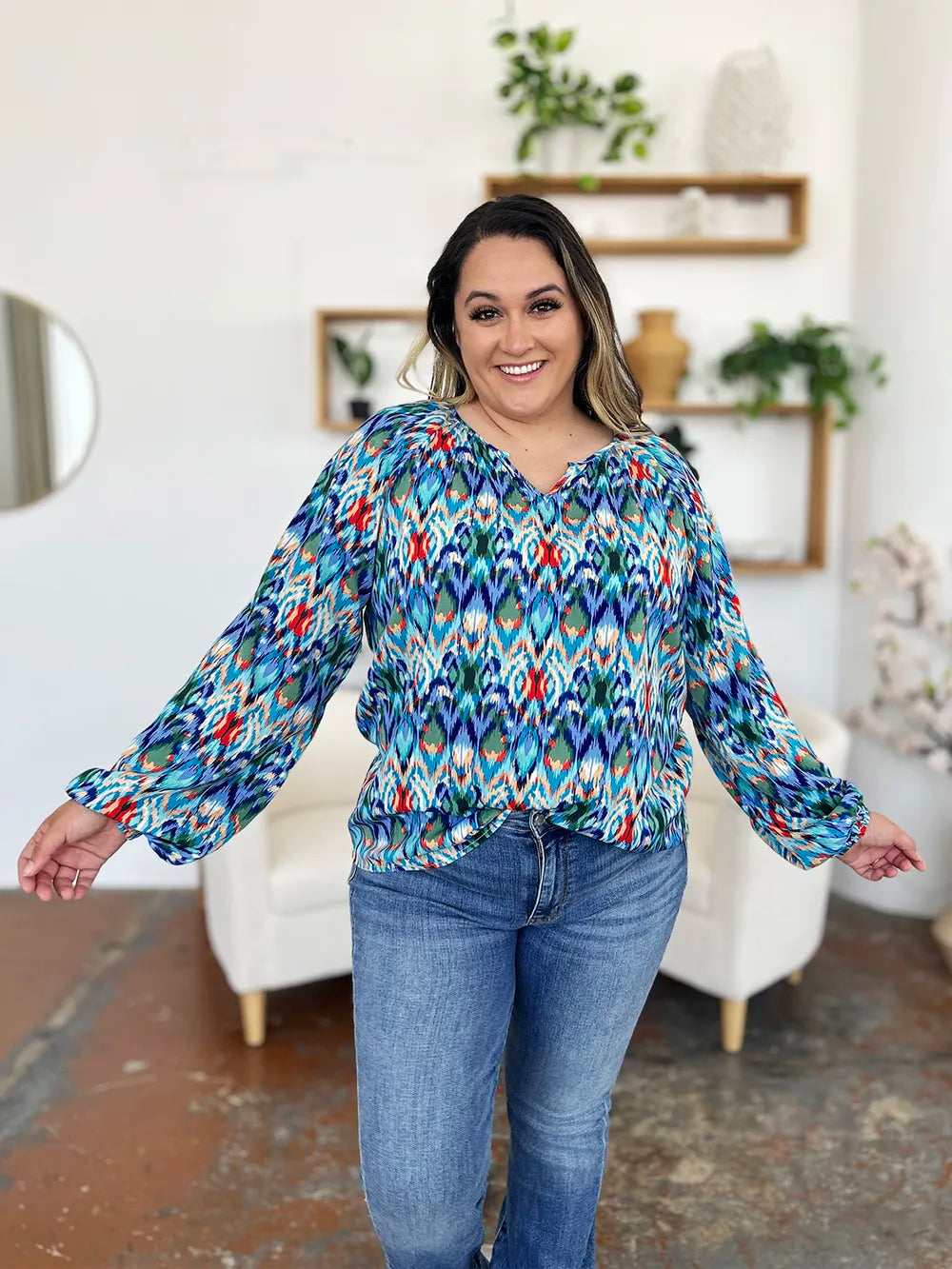 Full Size Printed Balloon Sleeve Blouse (7)