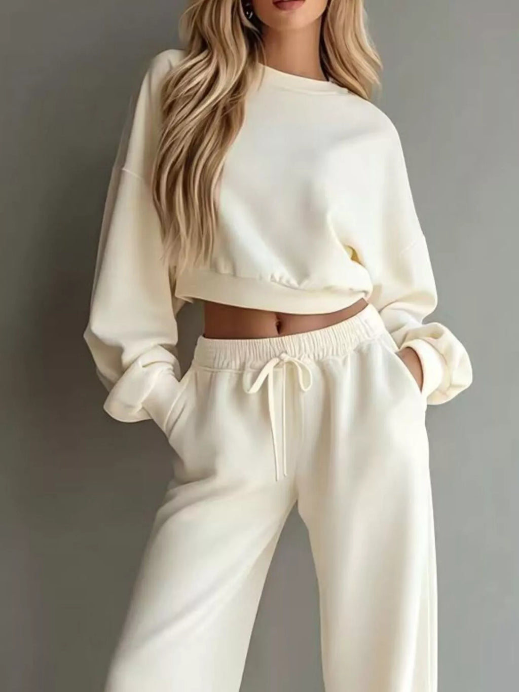 Round Neck Cropped Sweatshirt Wide-leg Pants (5)