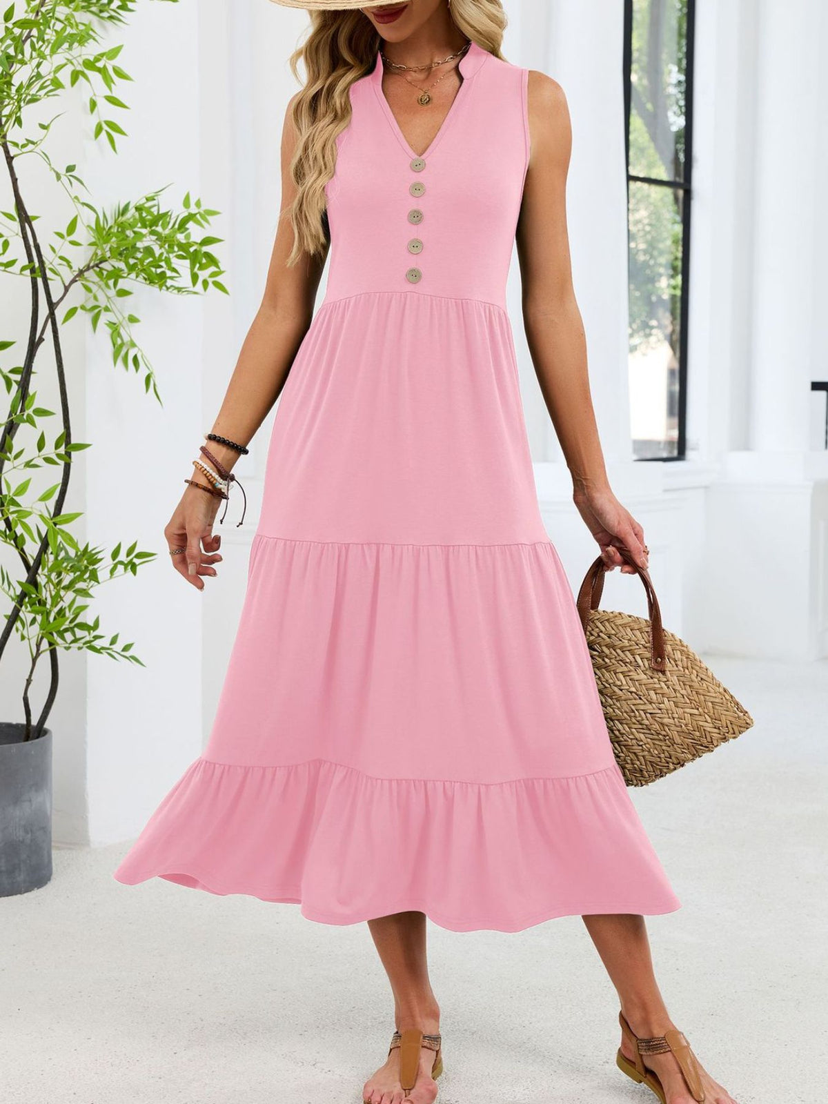 Sleeveless Notched Tiered Midi Dress (24)