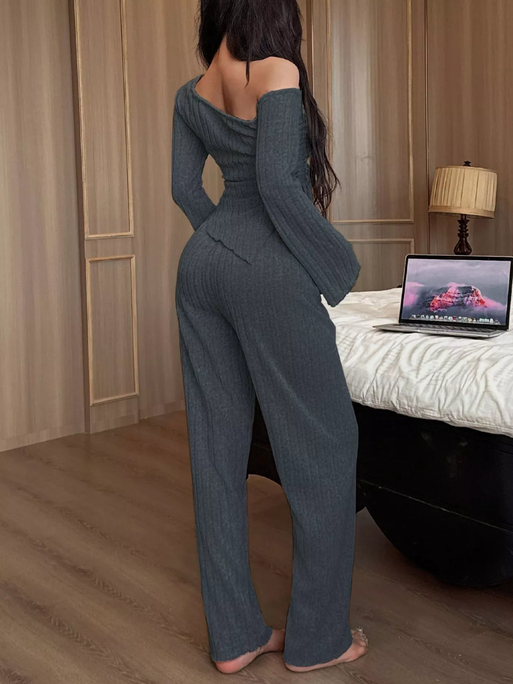 One-shoulder Ribbed Knit Top Pants Set (13)