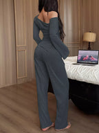 One-shoulder Ribbed Knit Top Pants Set (13)