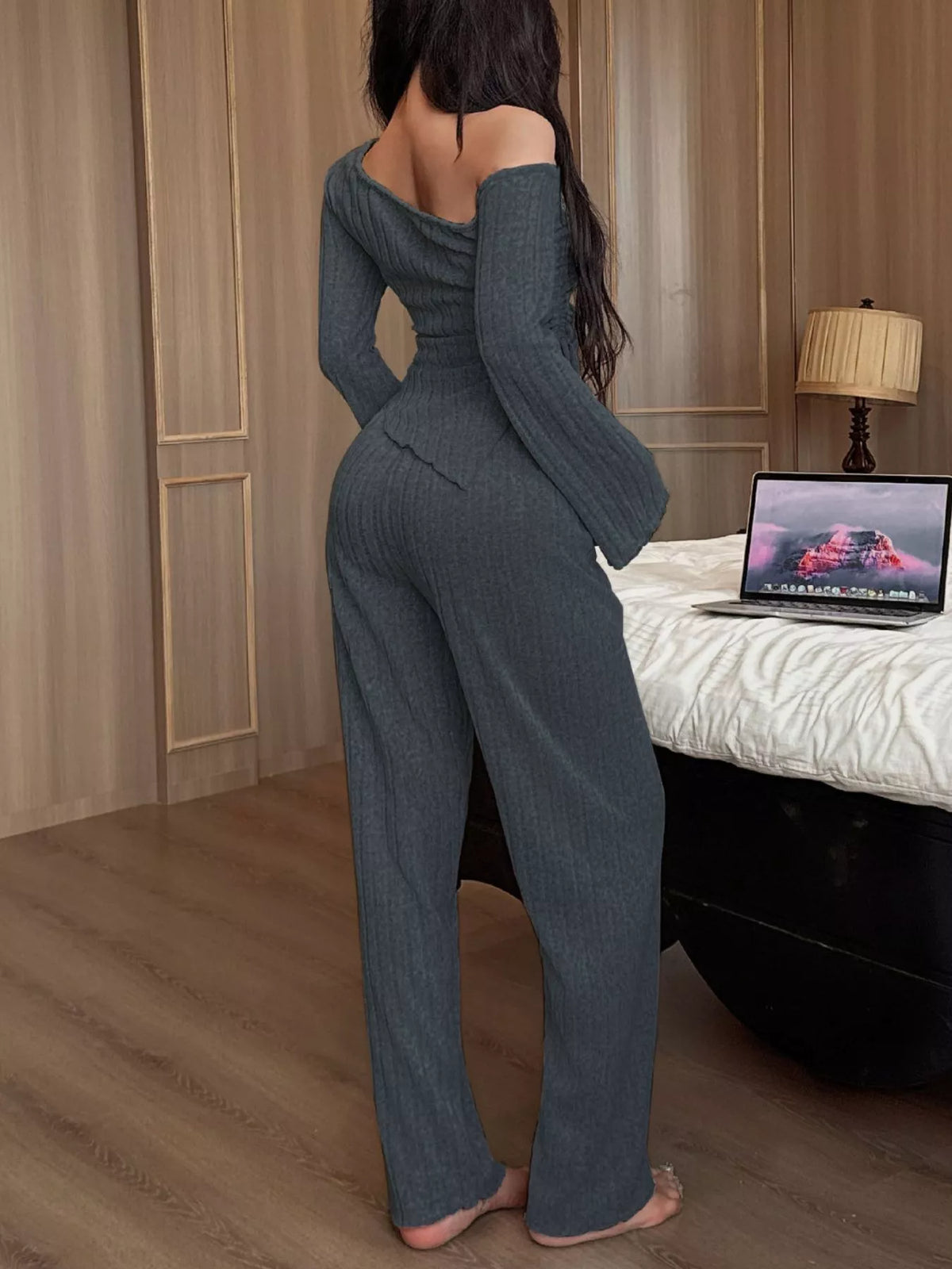One-shoulder Ribbed Knit Top Pants Set (13)