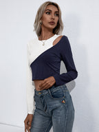 Cropped Contrast Round Neck Short Sleeve Tee (18)