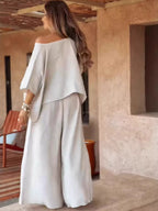 Full Size Boat Neck Top Wide Leg Pants Set Plus (5)