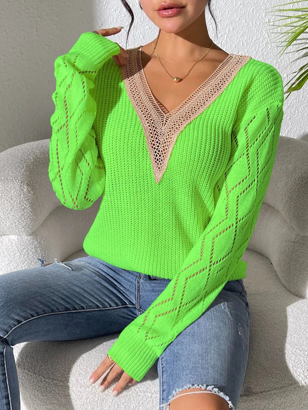 Openwork V-neck Long Sleeve Sweater (21)