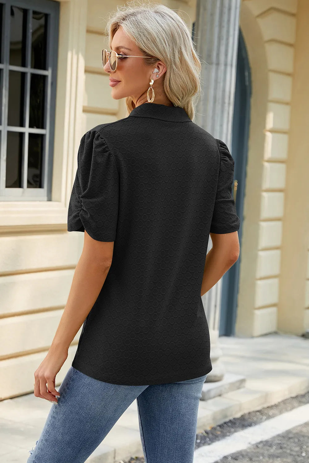 Eyelet Johnny Collar Puff Sleeve Blouse (20)