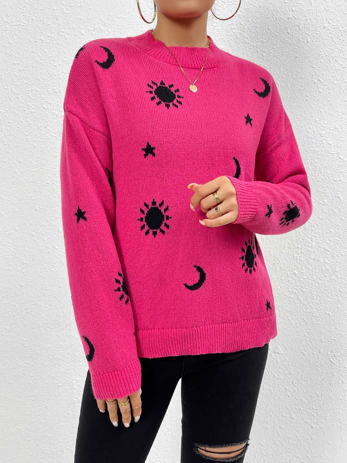 Patterned Drop Shoulder Sweater (2)