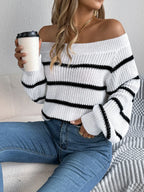 Striped Off-shoulder Long Sleeve Sweater (3)