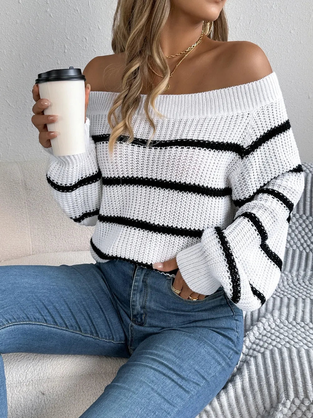 Striped Off-shoulder Long Sleeve Sweater (3)