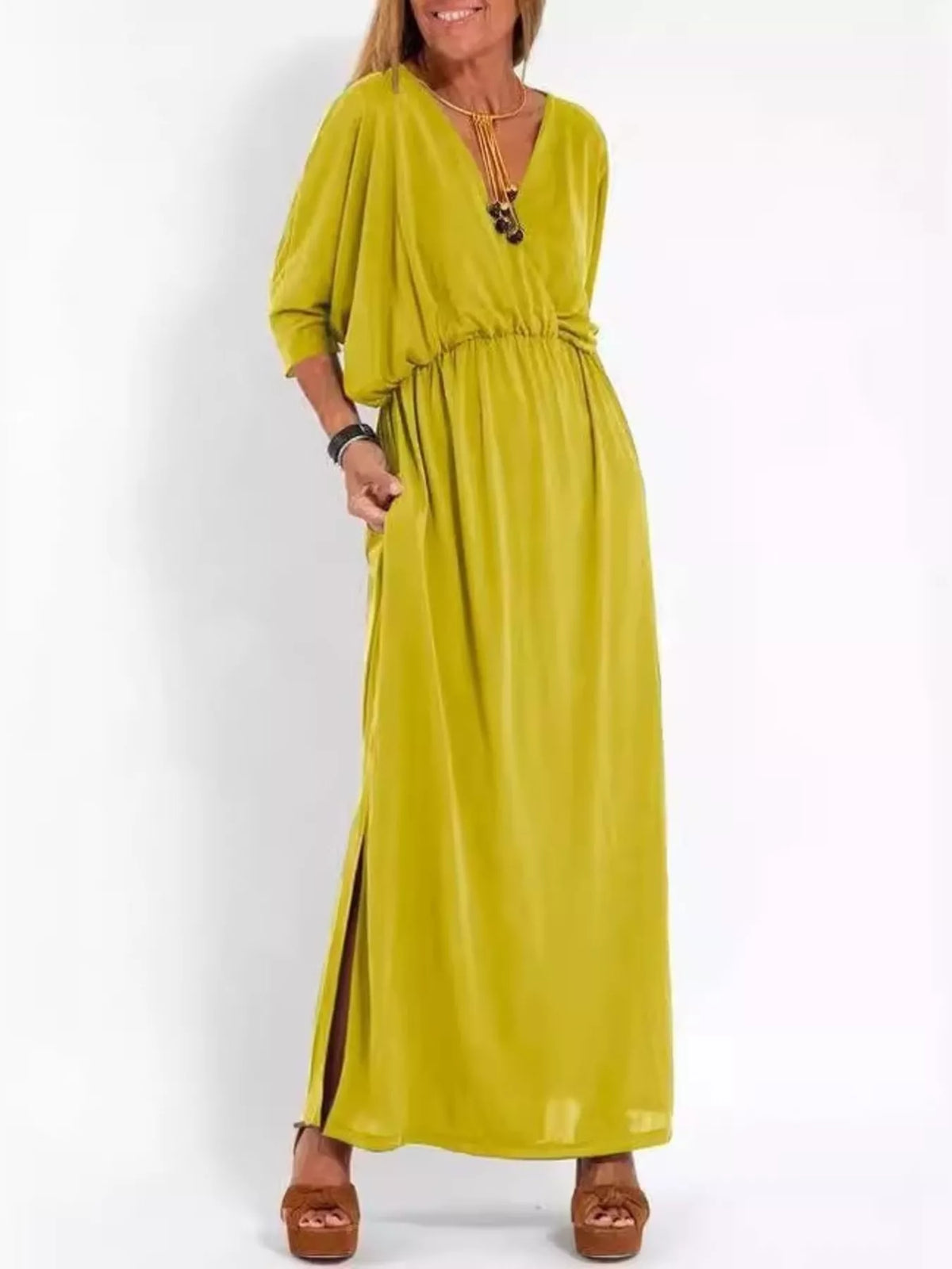 Full Size V-neck Batwing Sleeve Maxi Dress Side Slits Plus (18)
