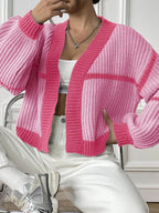 Color-block Ribbed Knit Open-front Cropped Cardigan (4)