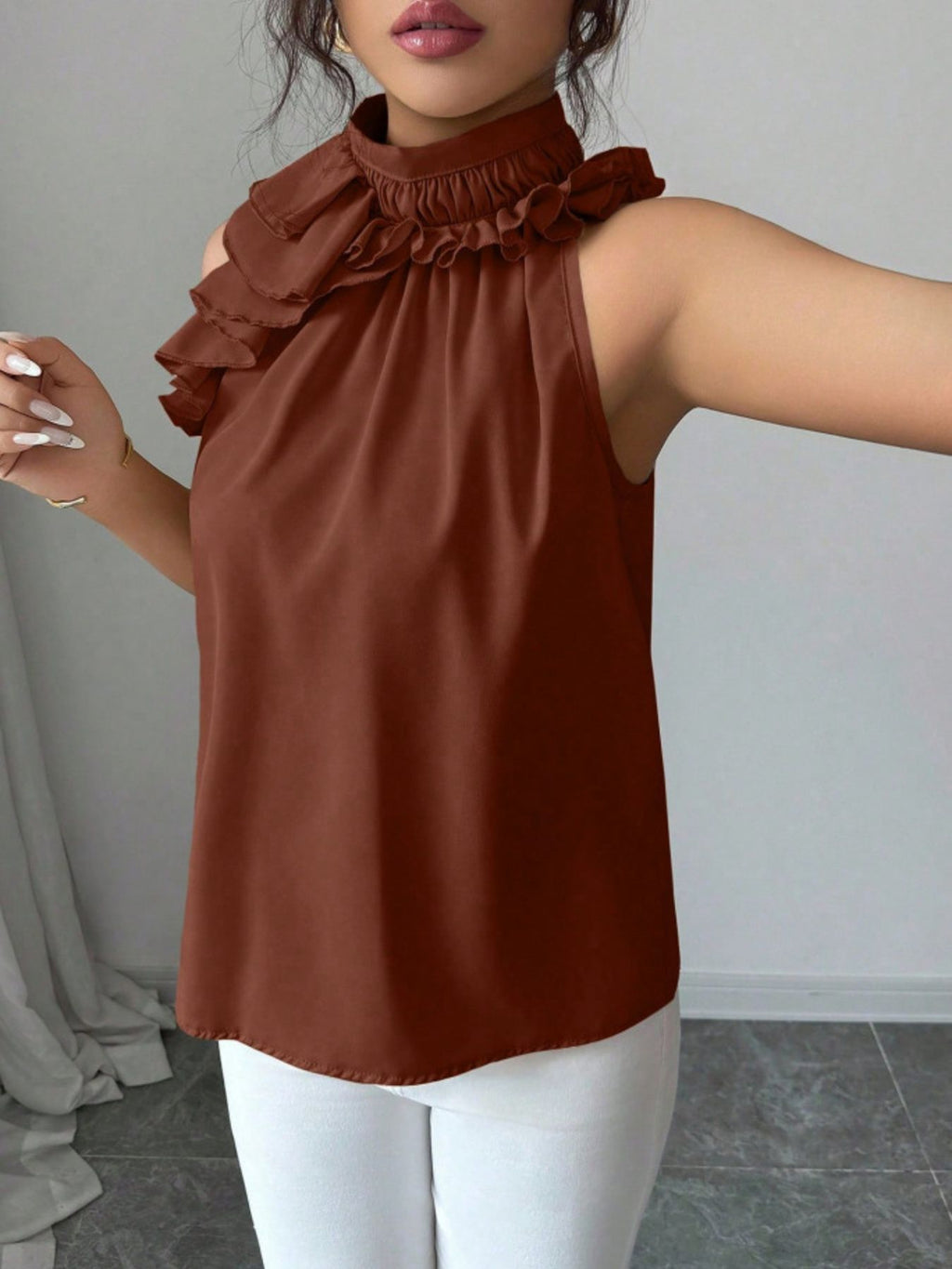 Ruffle High Neck Sleeveless Top (9)