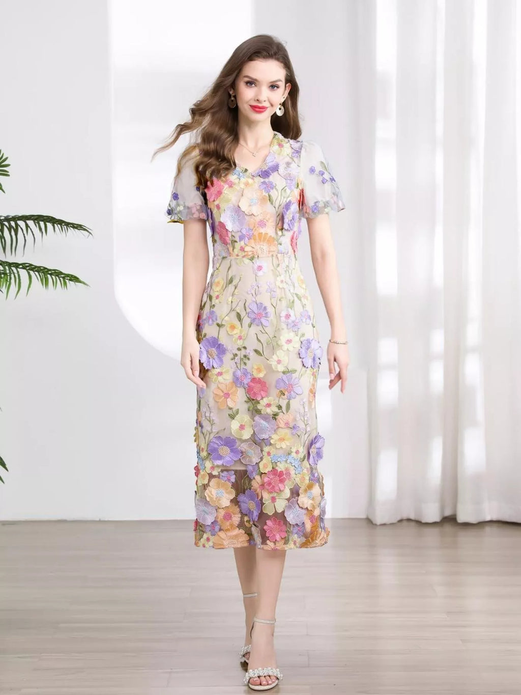 Floral Embroidered Puff Sleeve Midi Dress (4)