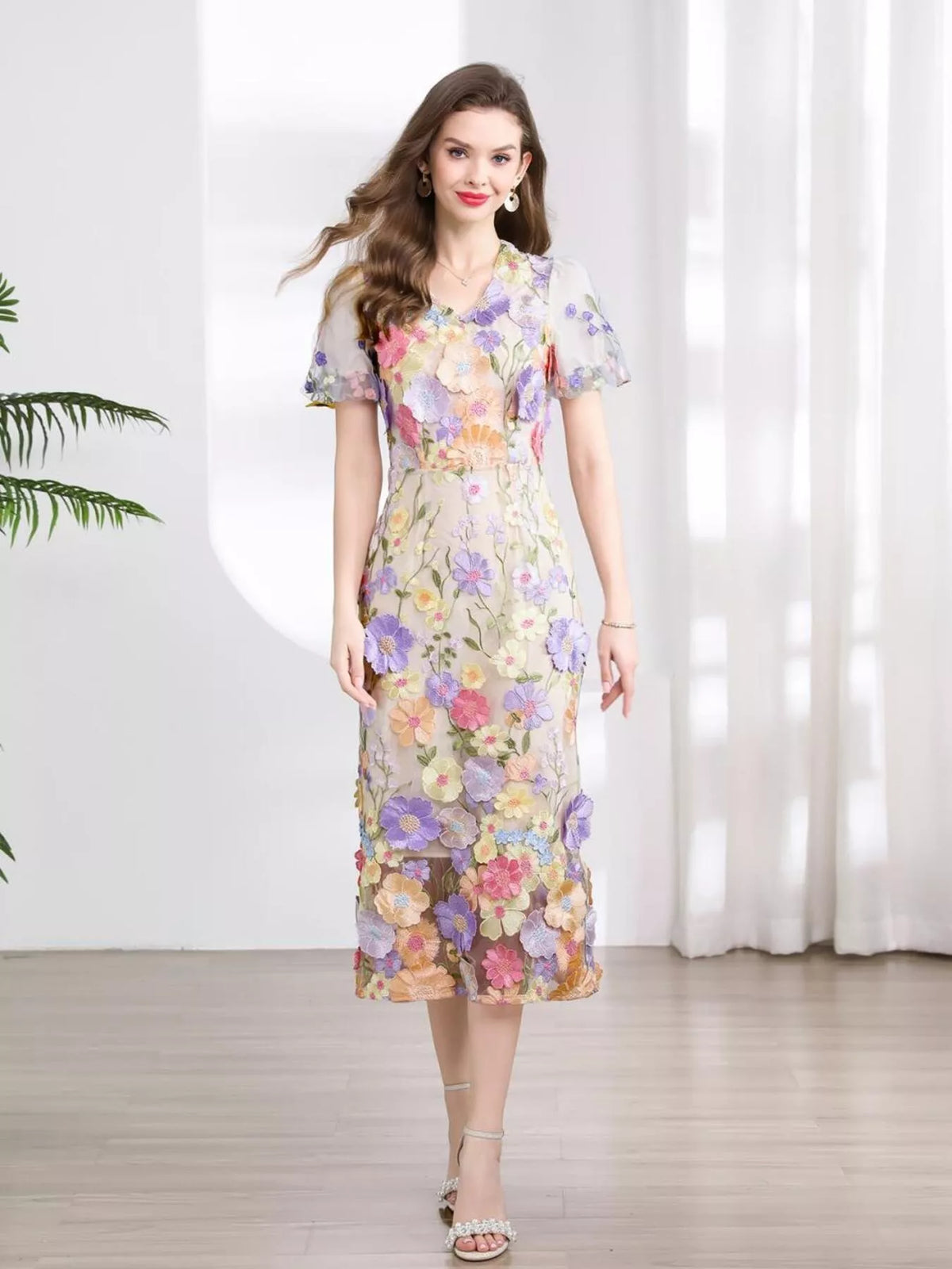 Floral Embroidered Puff Sleeve Midi Dress (4)