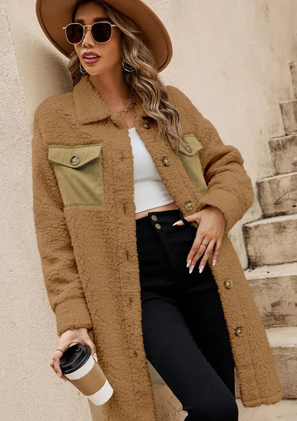 Collared Neck Long Sleeve Longline Teddy Jacket (9)