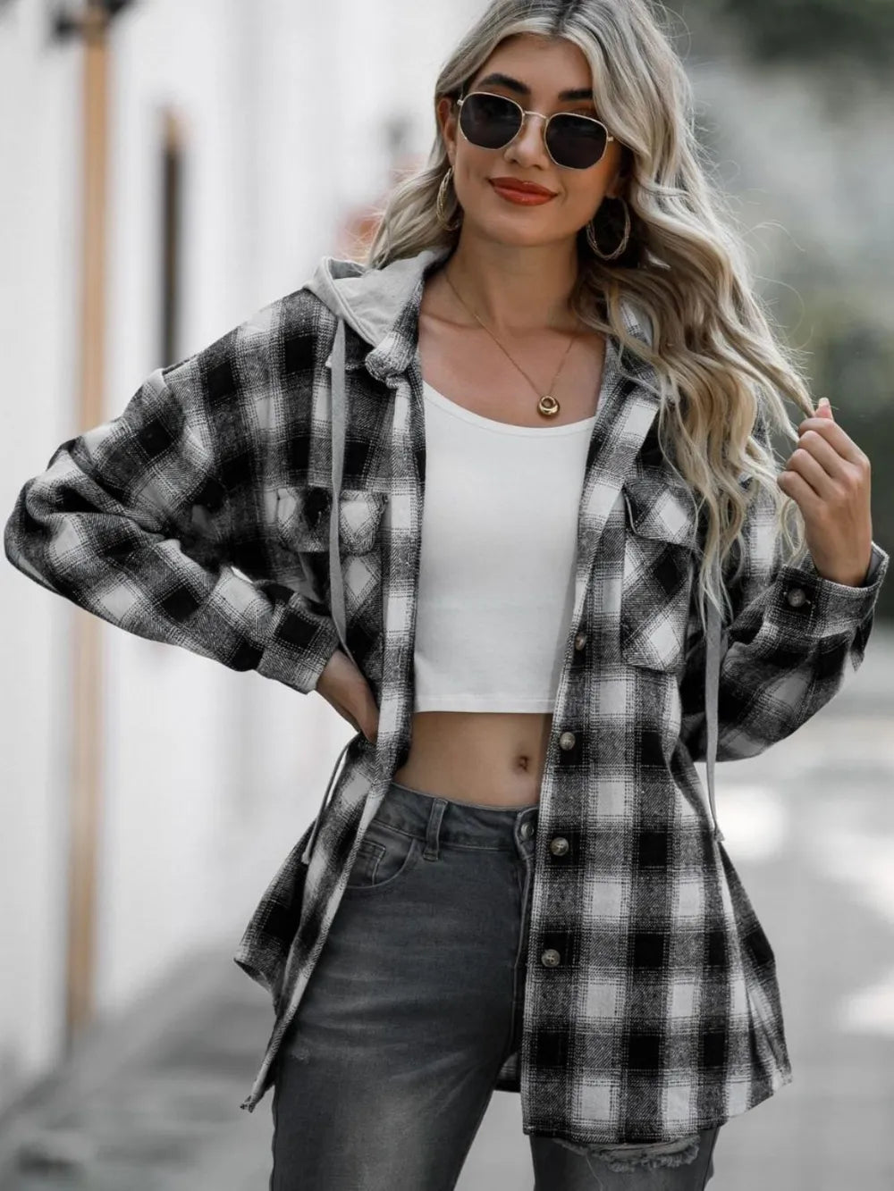 Drawstring Plaid Long Sleeve Hooded Shacket (8)