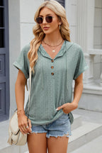 Eyelet Drawstring Hooded Short Sleeve Blouse