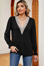Lace Detail V-neck Lantern Sleeve T-shirt (3)