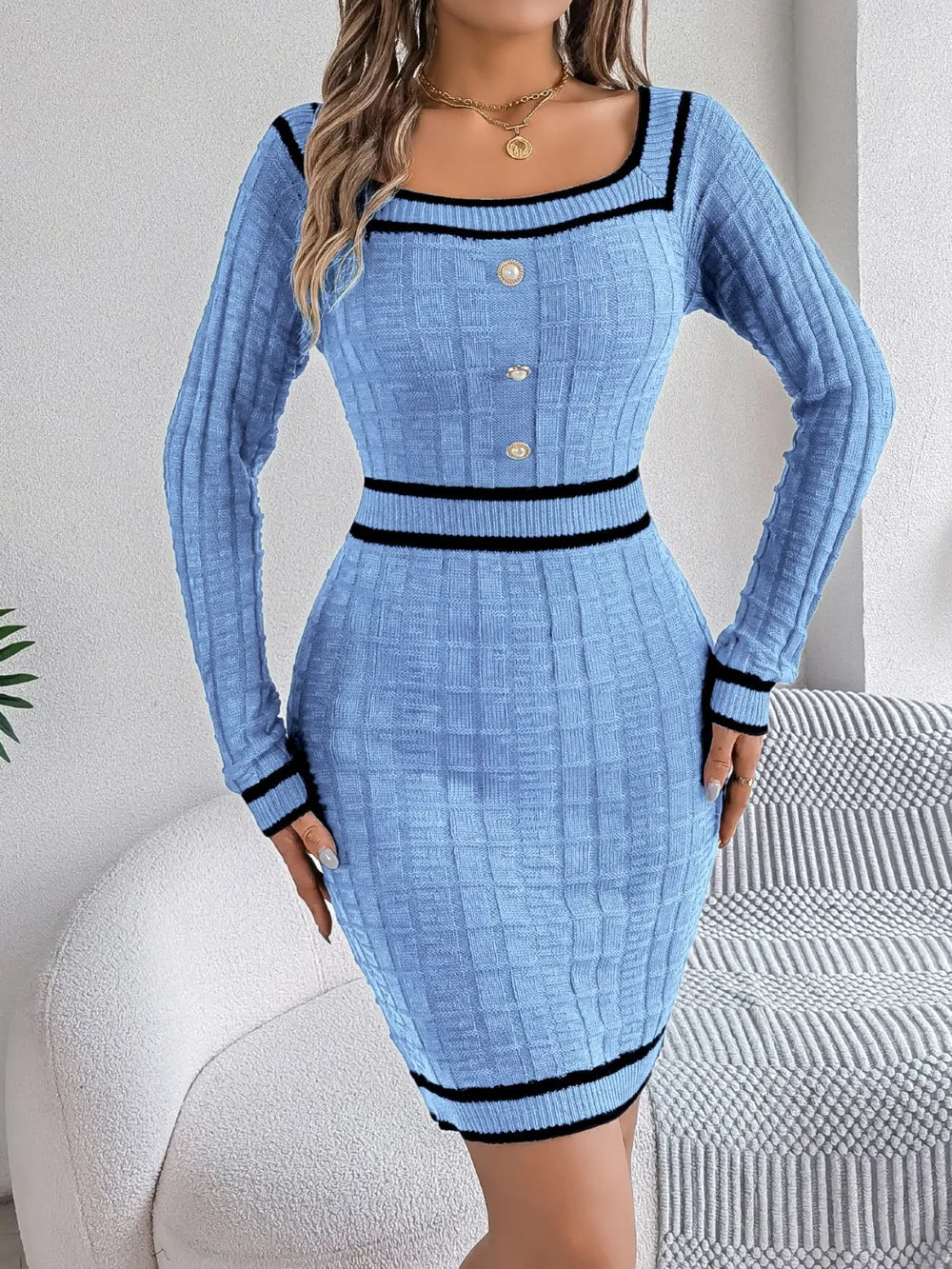 Contrast Trim Long Sleeve Sweater Dress (16)