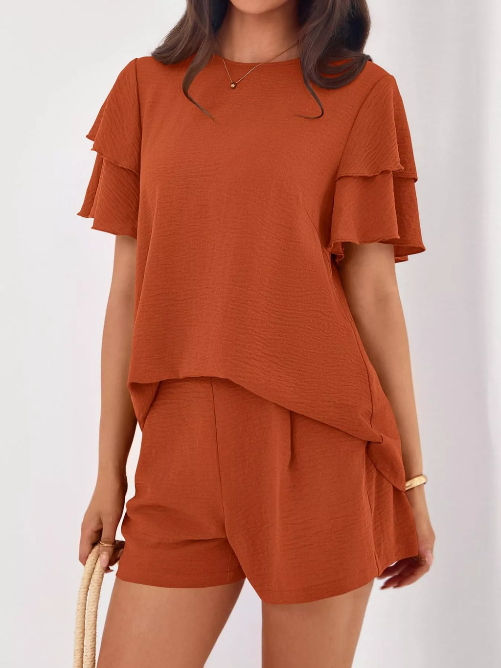 Ruffle Sleeve Top Shorts Two-piece Set (8)