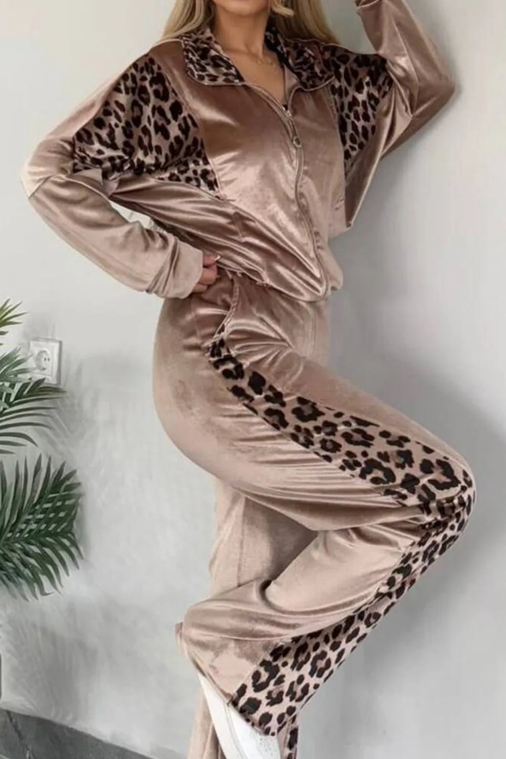 Full Size Collared Neck Leopard Zip Up Top Pants Set Plus (10)
