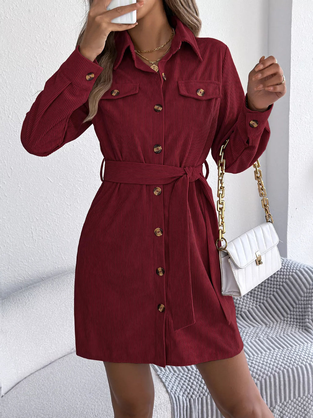 Button-front Corduroy Shirt Dress