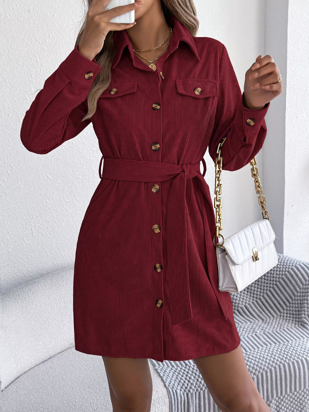 Button-front Corduroy Shirt Dress