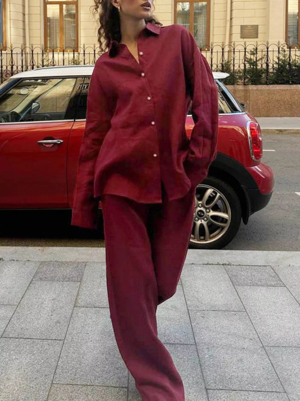 Relaxed Fit Button Up Shirt Pants Two-piece Set (23)