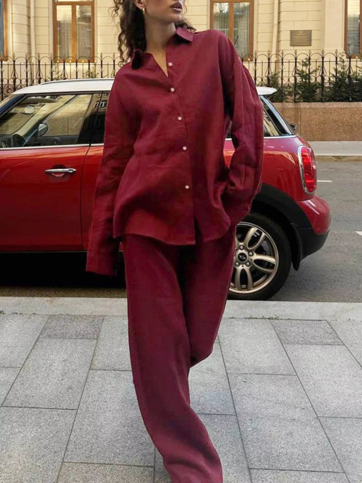 Relaxed Fit Button Up Shirt Pants Two-piece Set (23)