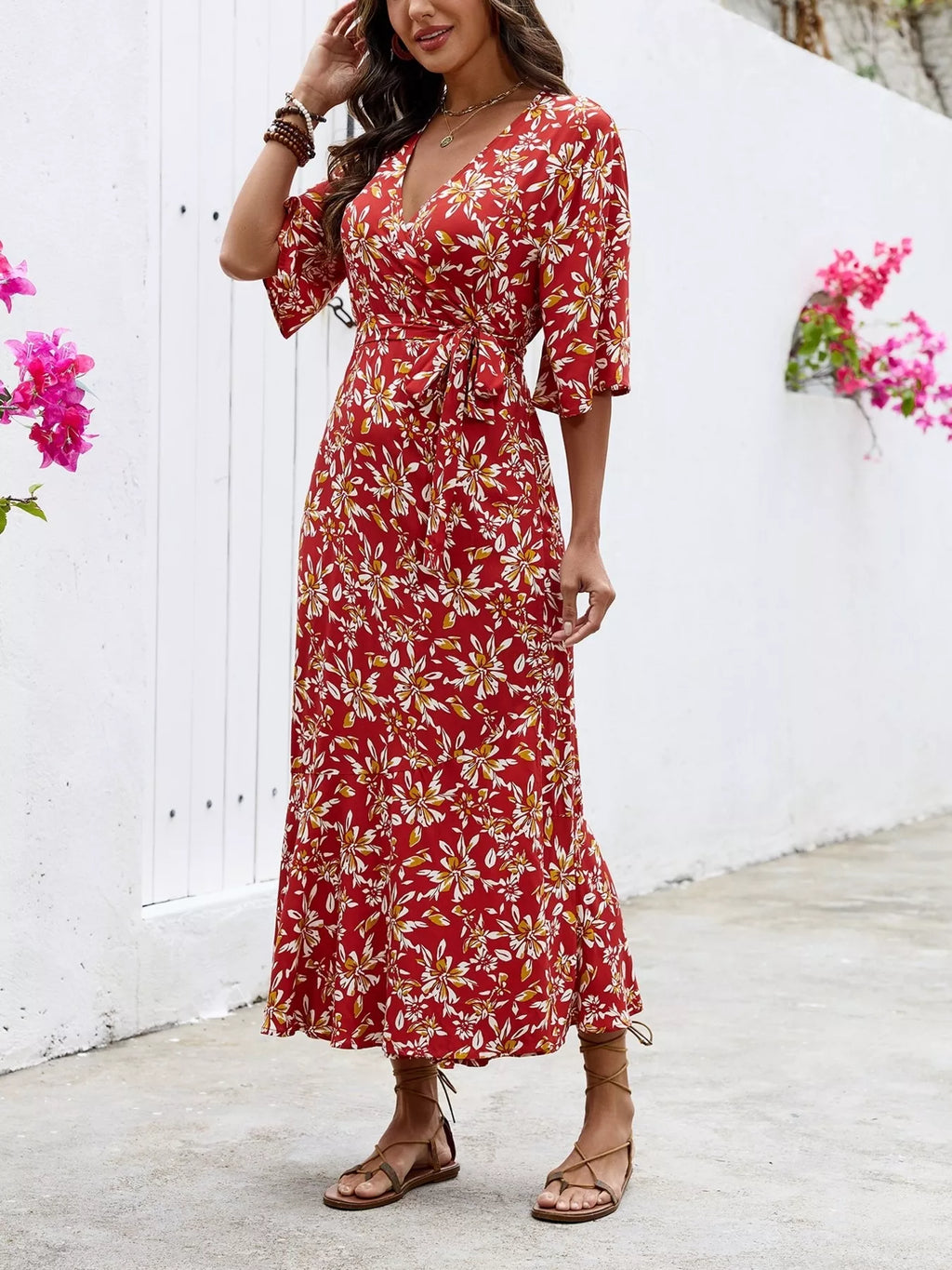 Slit Printed Surplice Midi Dress (11)