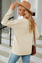Decorative Button V-neck Long Sleeve T-shirt (27)