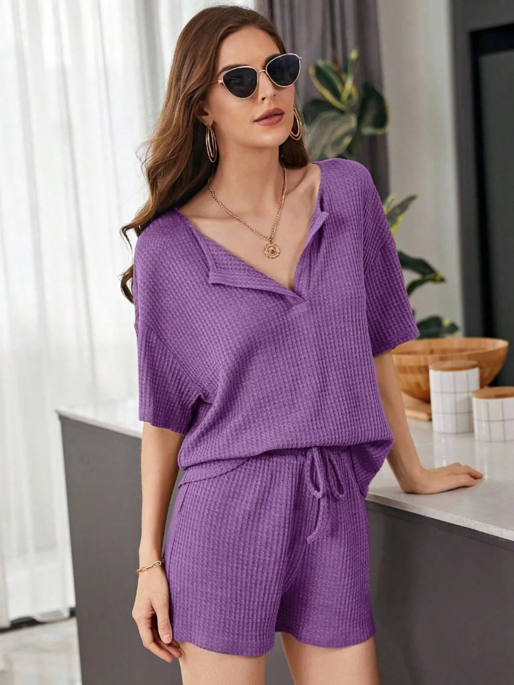 Full Size Waffle-knit Dropped Shoulder Top Shorts Set (23)