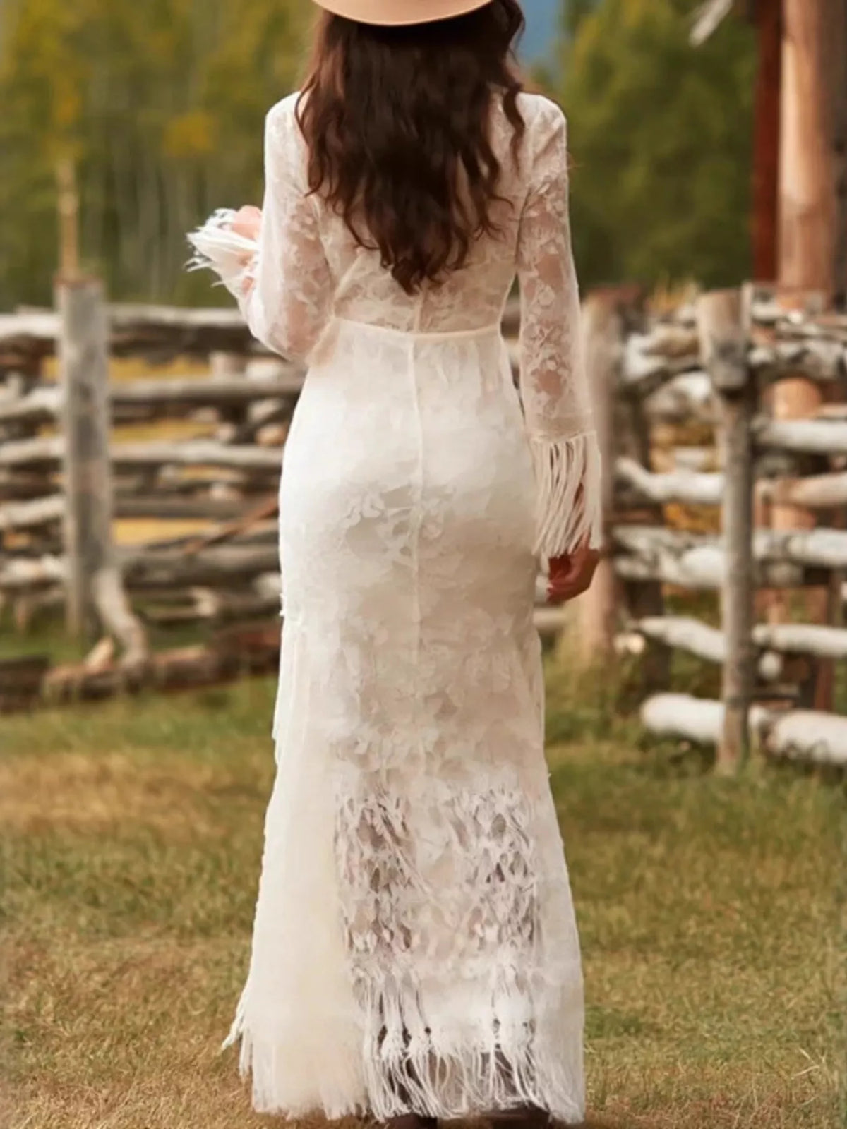 Lace Fringe V-neck Maxi Dress (4)