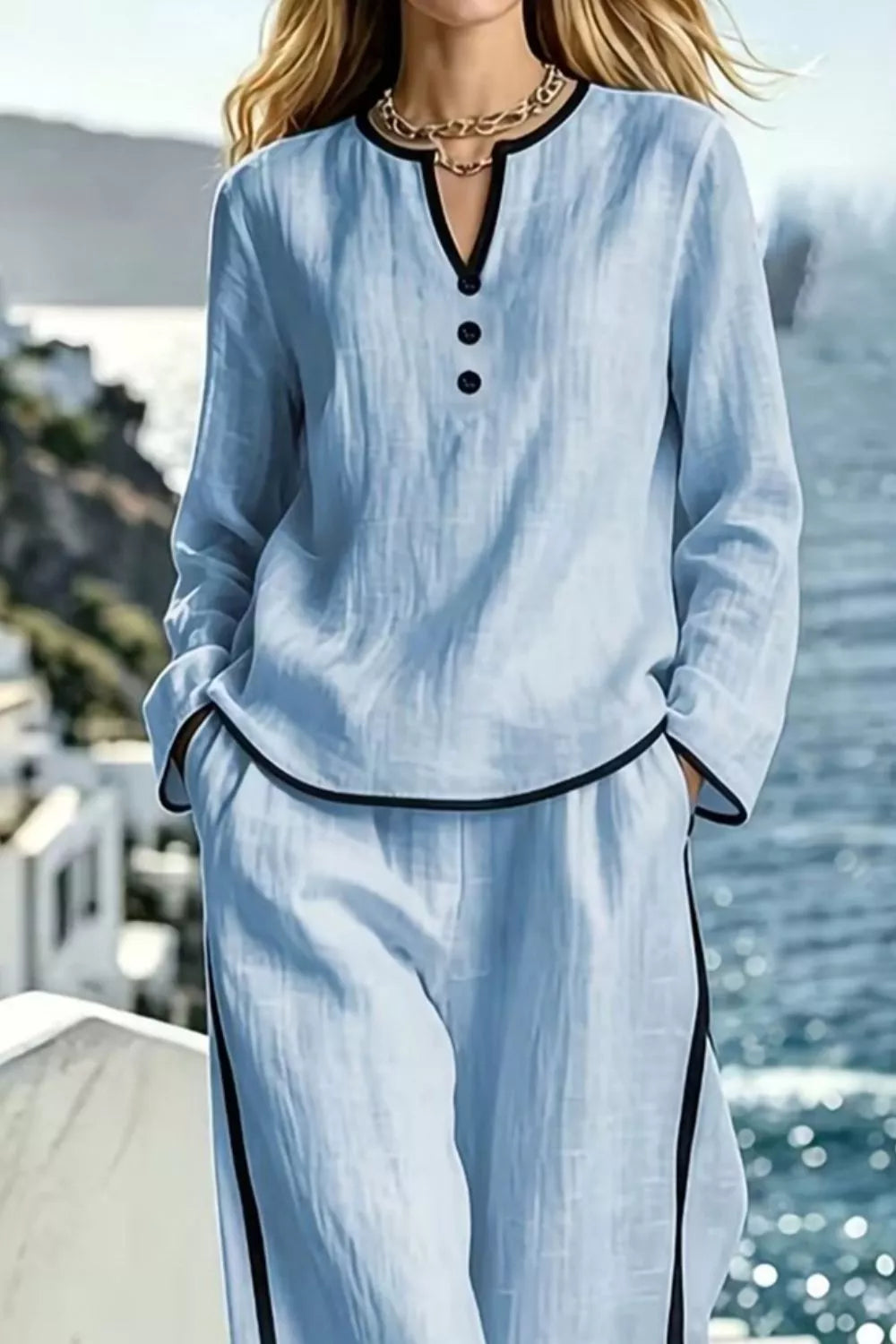 Contrast Trim Long Sleeve Top Pants Set (5)