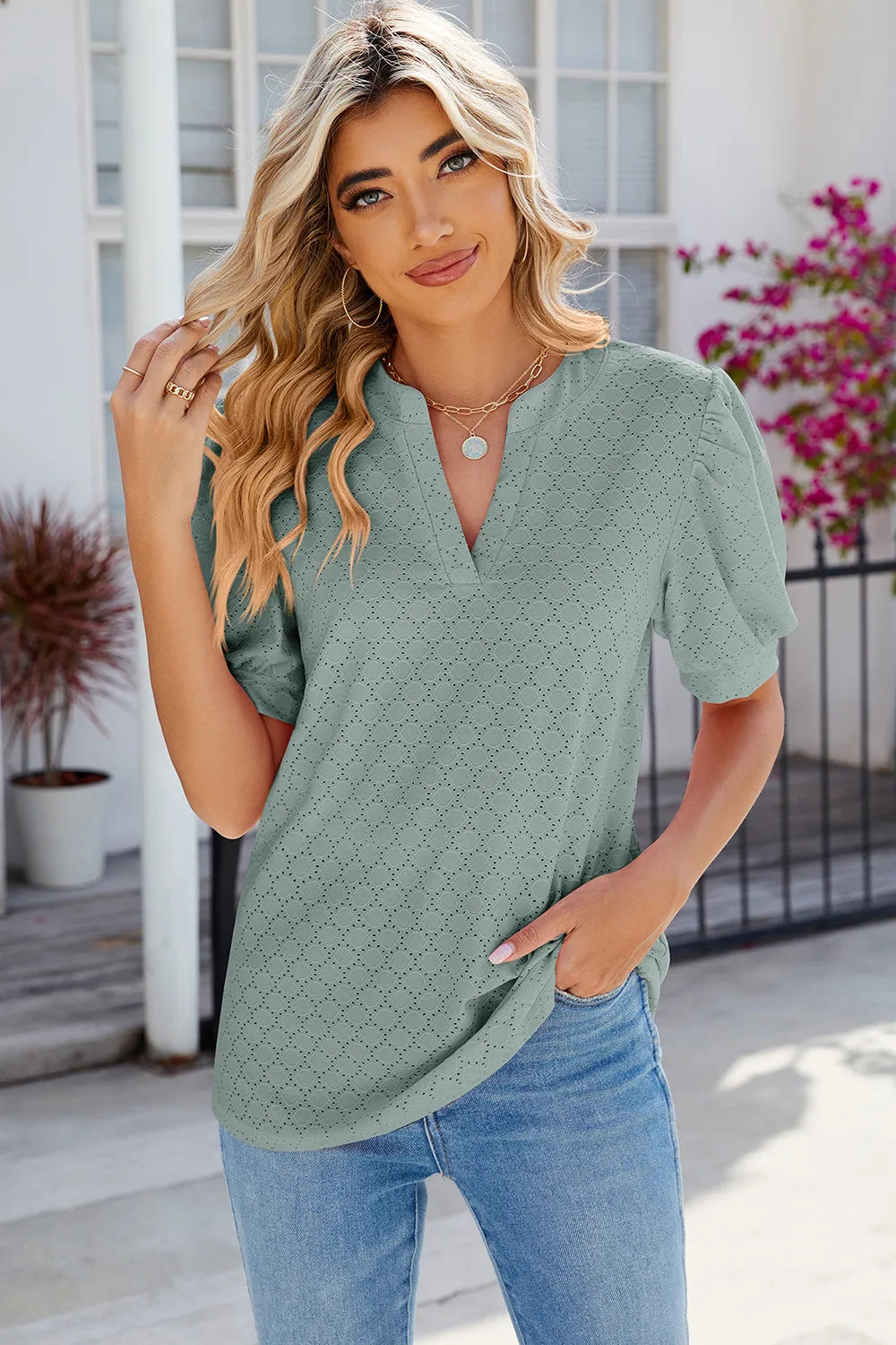 Eyelet Notched Puff Sleeve T-shirt (22)