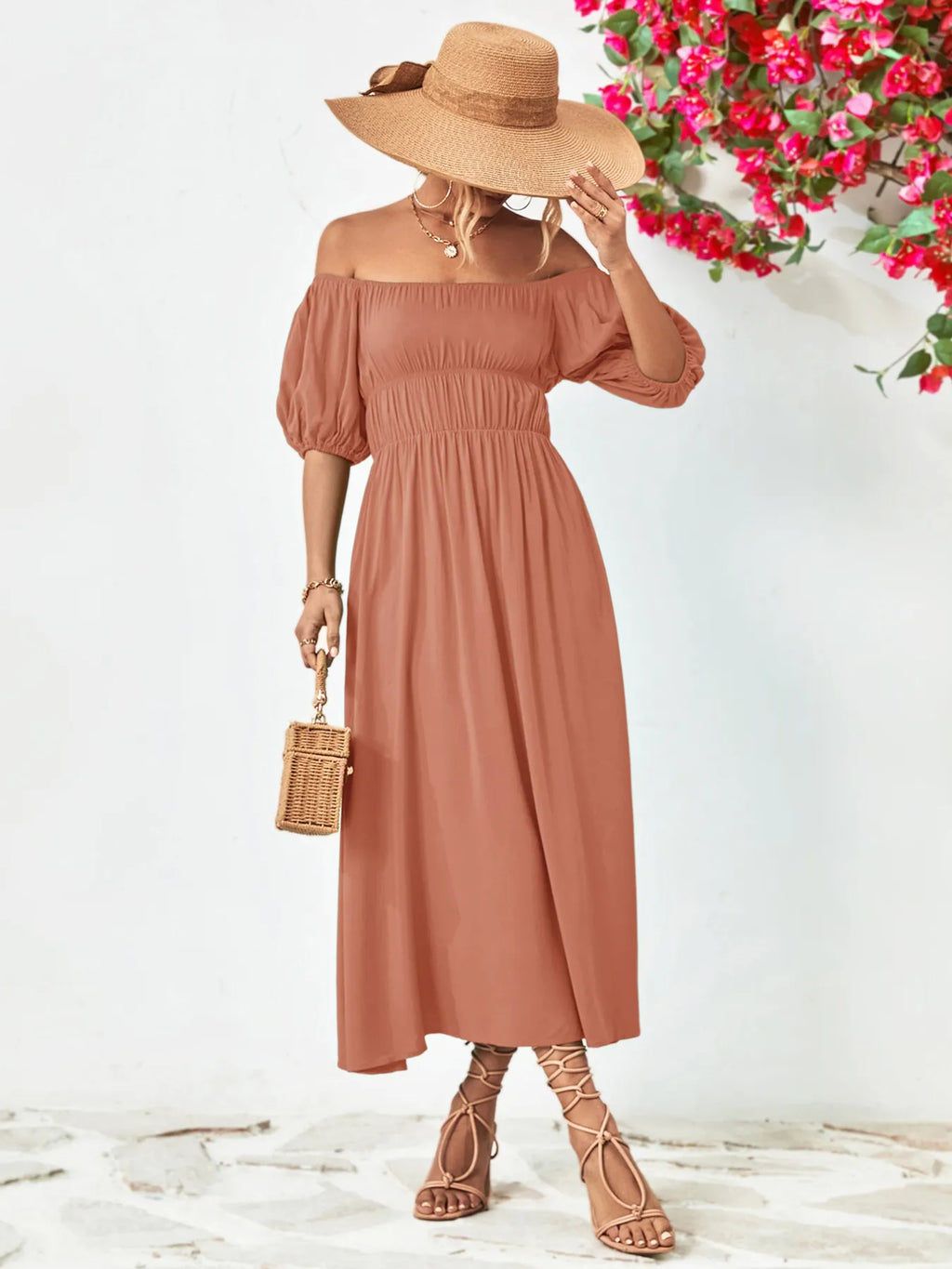 Off-shoulder Puff Sleeve Smocked Maxi Dress (9)