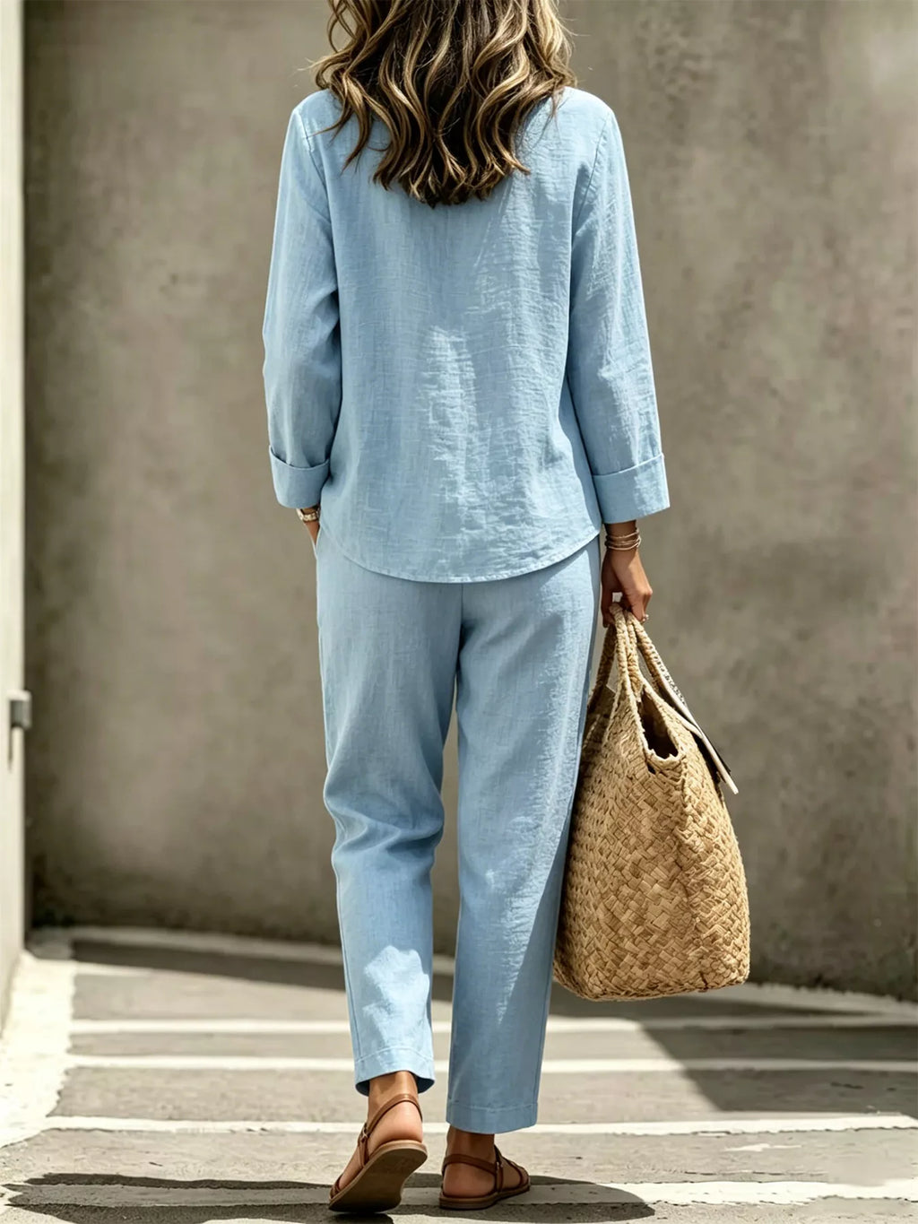 Button Detail Long Sleeve Top Pants Set (2)