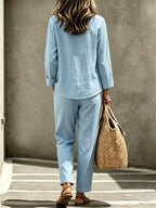 Button Detail Long Sleeve Top Pants Set (2)